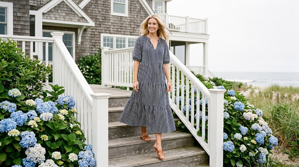 Wide Navy Striped Maxi Dress & Straw Tote